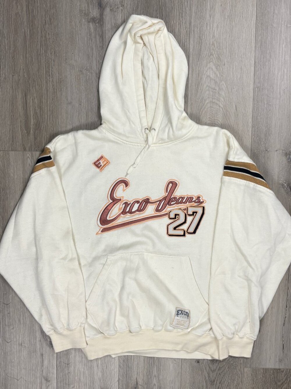 Exco Jeans Hoodie Large White/Cream Athletics 27 Embroidered Vintage 90s